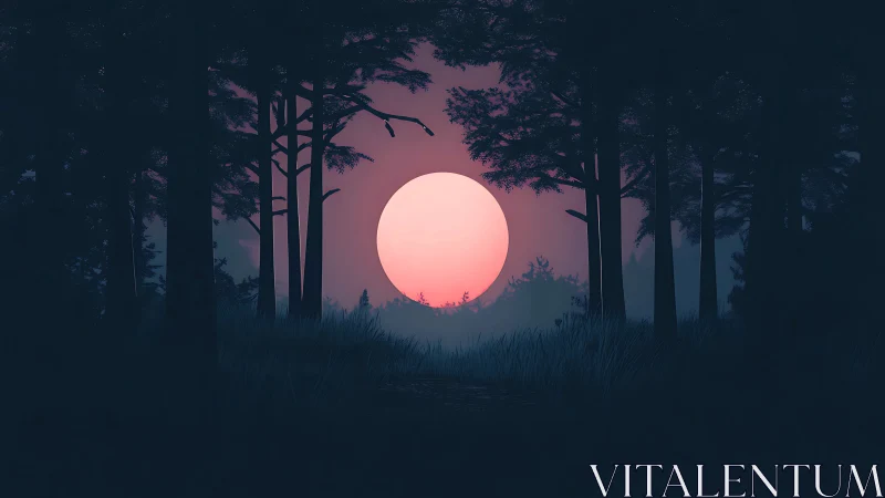 Forest Landscape With Large Setting Sun Behind Dark Silhouetted Trees