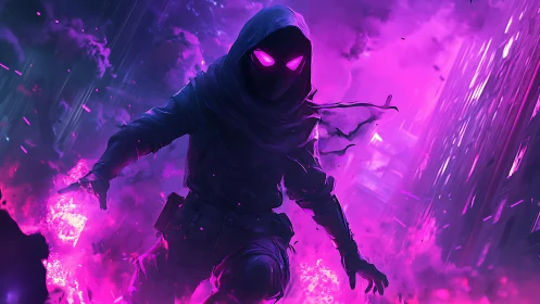 Neon-eyed shadow runner moves through glowing purple storm