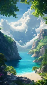 Hidden turquoise cove cradled by clouds and emerald peaks.