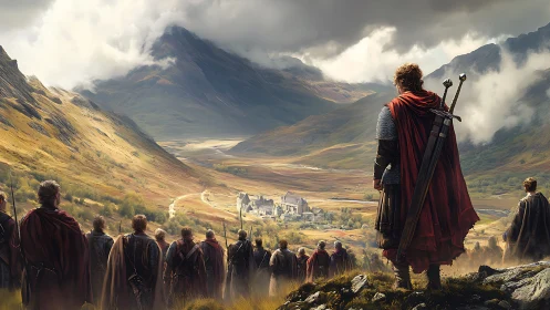 Medieval warband surveys misty valley fortress below