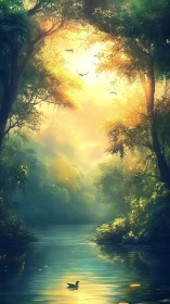 Sunlit forest river with duck beneath glowing canopy.