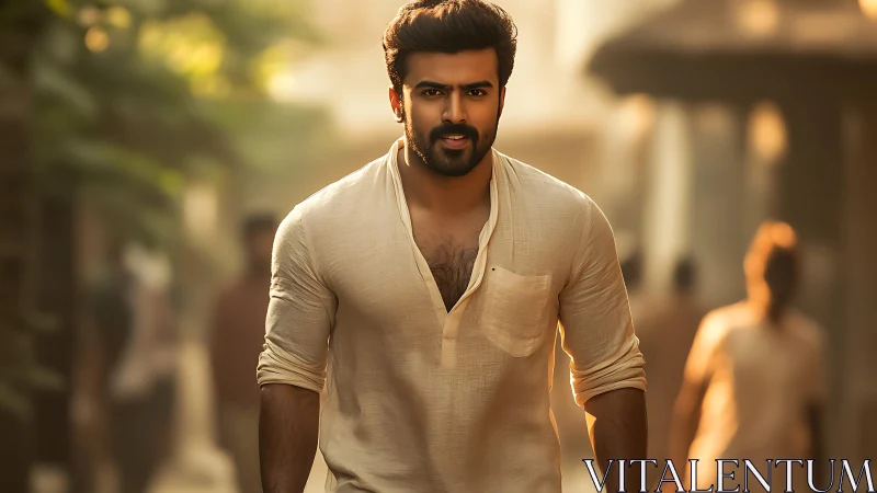 Sunlit street hero strides through warm golden haze with poise.