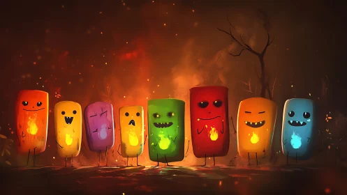 Colorful fire spirit friends glowing in a cozy night forest.