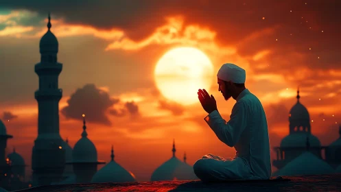 Sunset prayers rise gently between glowing mosque domes