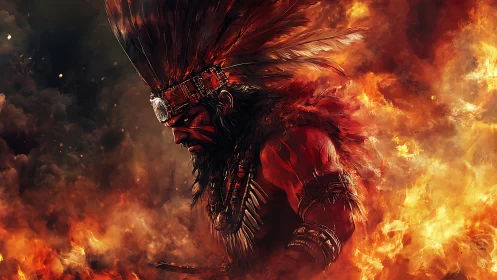 Fiery warrior shaman emerging through incandescent flames.