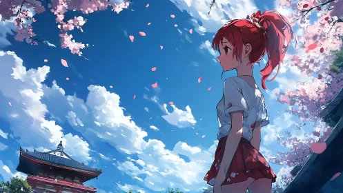 Red haired anime girl stands under cherry blossoms in sunlit sky