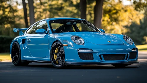 Blue Porsche 911 GT3 rests on forest road in soft sunlight.