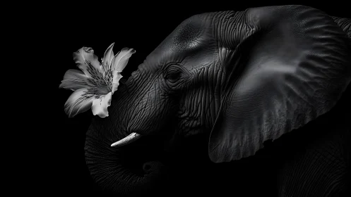 Elephant profile holds single lily flower in grayscale contrast