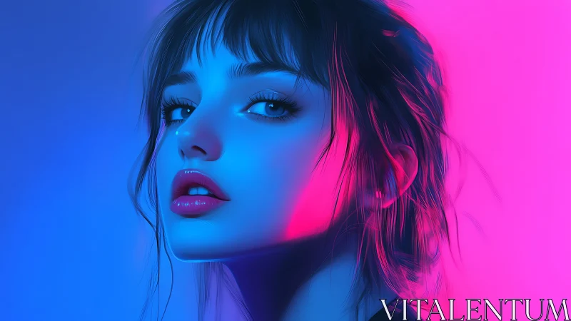 Neon-lit female portrait renders dual-tone cyan and magenta rim lighting