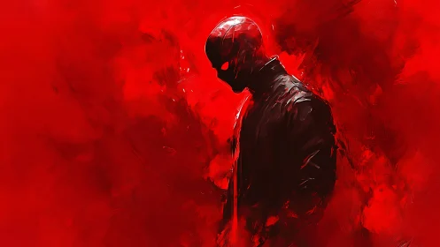 Silhouetted helmeted figure in red abstract digital field.