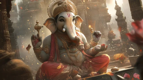 Photorealistic Ganesha deity render in ornate temple setting.