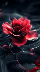 Soft red rose drifting gently across inky moonlit water.