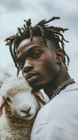 Young man and lamb share a serene, soulful close embrace.