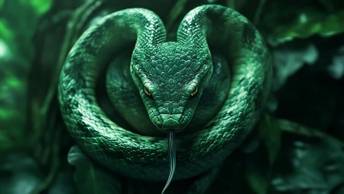 Emerald arboreal viper coiled in dense rainforest foliage