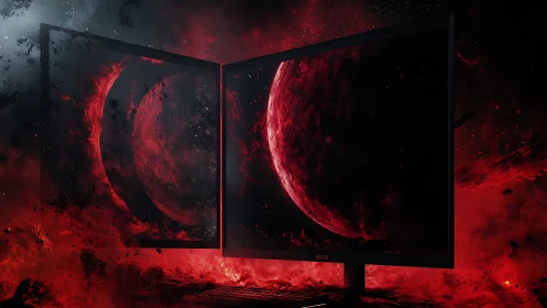 Twin gaming monitors open a vivid red cosmic battlefield