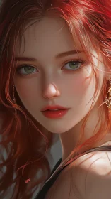 Digital portrait shows red haired woman with green eyes