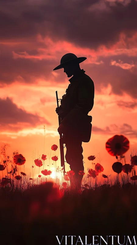Silhouetted WWI soldier remembers the fallen at red sunset