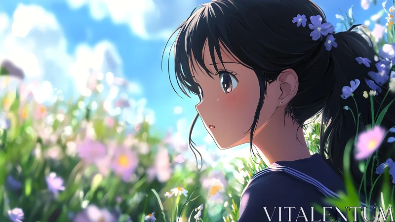 Side-lit anime schoolgirl in wildflower field under vivid sky