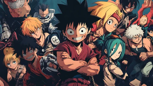Battle-worn anime heroes standing together in formation.