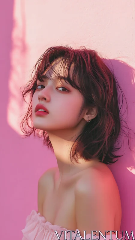 Soft-lit portrait against monochrome pink wall emphasizes contour