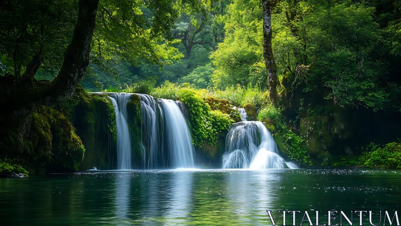 Lush forest waterfall over mossy cliffs into calm pool.