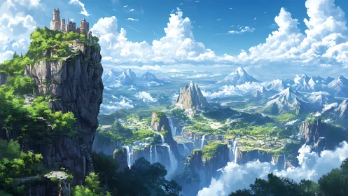 Fantasy cliffside castle above vast waterfall valley panorama.