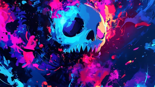 Neon skull erupts from abstract chaos in electric color storm