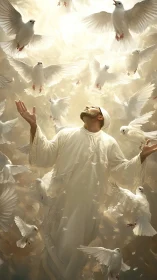 Digital painting of robed figure in luminous doves’ ascension.