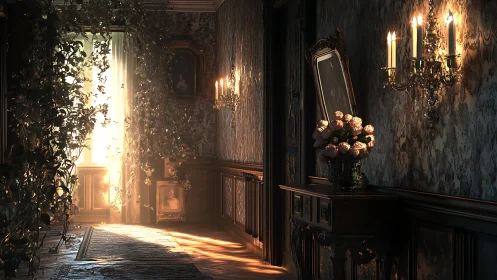 Sunlit overgrown corridor with ornate candlelit paneling