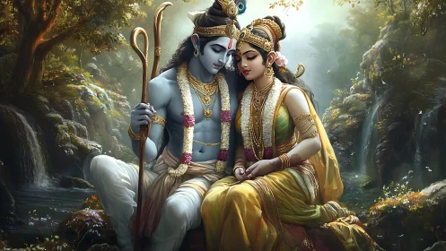 Sacred lovers resting by a whispering forest waterfall.