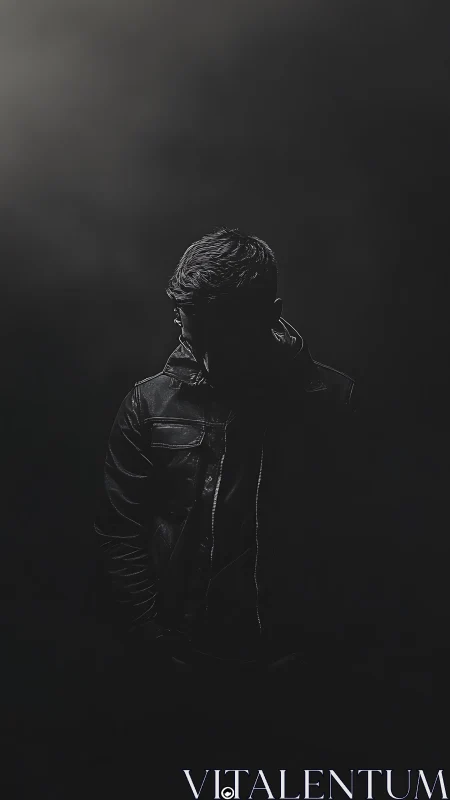 Man in dark leather jacket stands obscured in heavy shadow