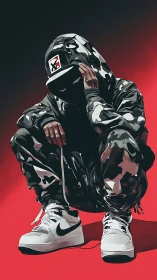 Hooded streetwear figure crouching in camo on red backdrop.