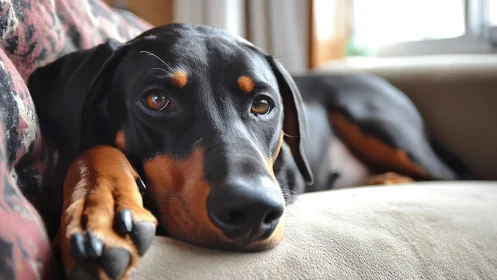 Close-focus canine portrait captures relaxed doberman on sofa