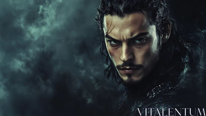 Cinematic warrior portrait in low key atmospheric lighting.