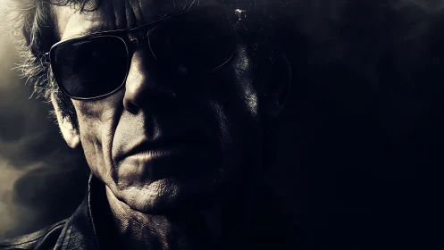 Moody portrait of older man in sunglasses, noir lighting.