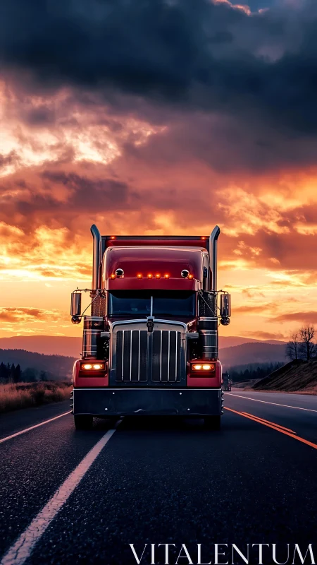 Front-facing semi truck under dynamically lit sunset sky.