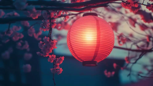 Softly glowing lantern among twilight cherry blossoms.