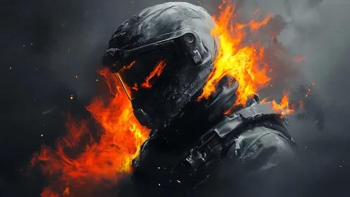 Thermal-stressed combat exosuit engulfed in dynamic combustion.