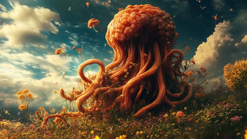 Organic tentacled structure rising in a wildflower meadow.