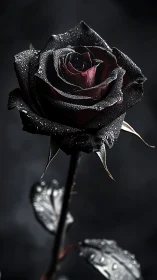 Velvet-black rose glistening gently under midnight light.