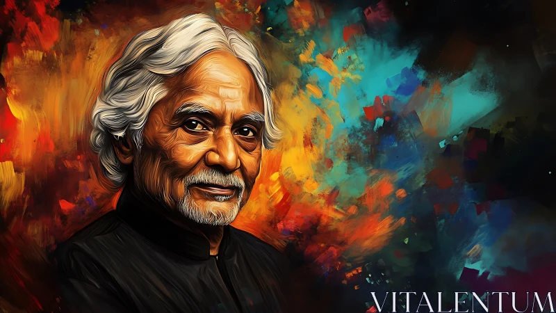 Gentle elder gazes warmly amid glowing cosmic colors