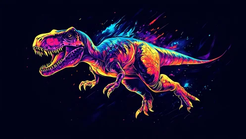 Neon spectral Tyrannosaurus in chromatic motion burst field.
