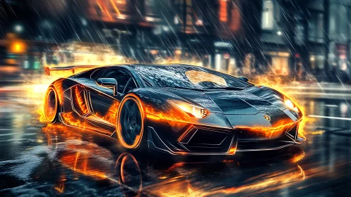 Flaming supercar slices through rainy neon city streets