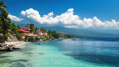 Sunlit tropical bay where colorful homes meet calm sea.