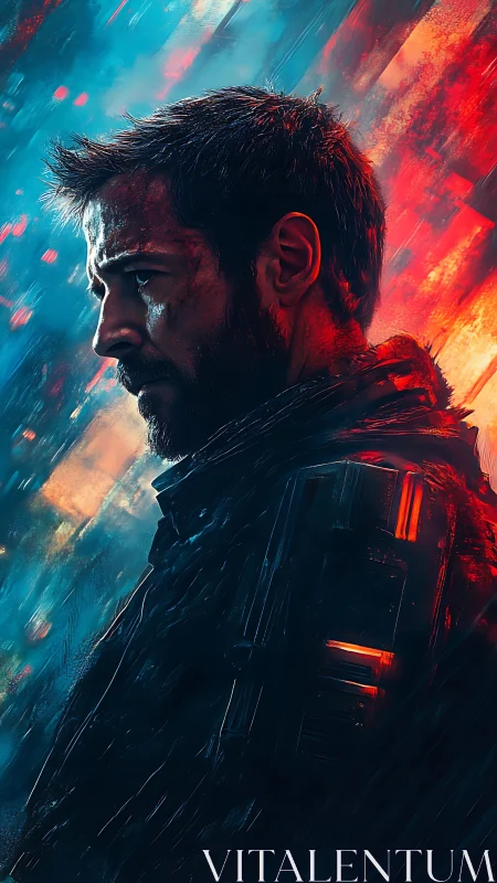 Side profile of male figure in neon-lit digital portrait