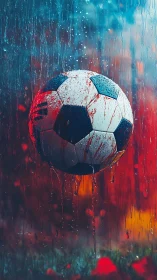Soaked soccer ball suspended in vivid neon rainfall.