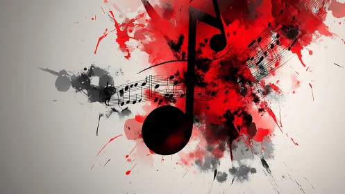 Large musical note overlays red and black splatter forms