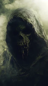 Hooded skeletal wraith emerges from dense swirling fog
