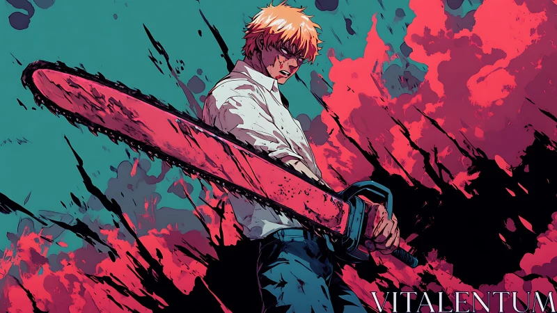 Chainsaw-wielding fighter carves fury through neon splatter