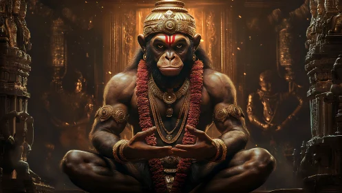 Simian deity figure seated in ornate temple interior.